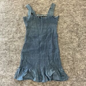 Modern Citizen Denim Shirred Ruffle Square Neck Tank Top Dress A25